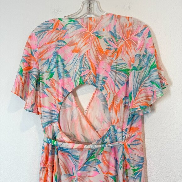 Farm Rio Maxi Dress Pink Orange Blue Hawaiian Wrap High Low Open Back Medium - Picture 7 of 13